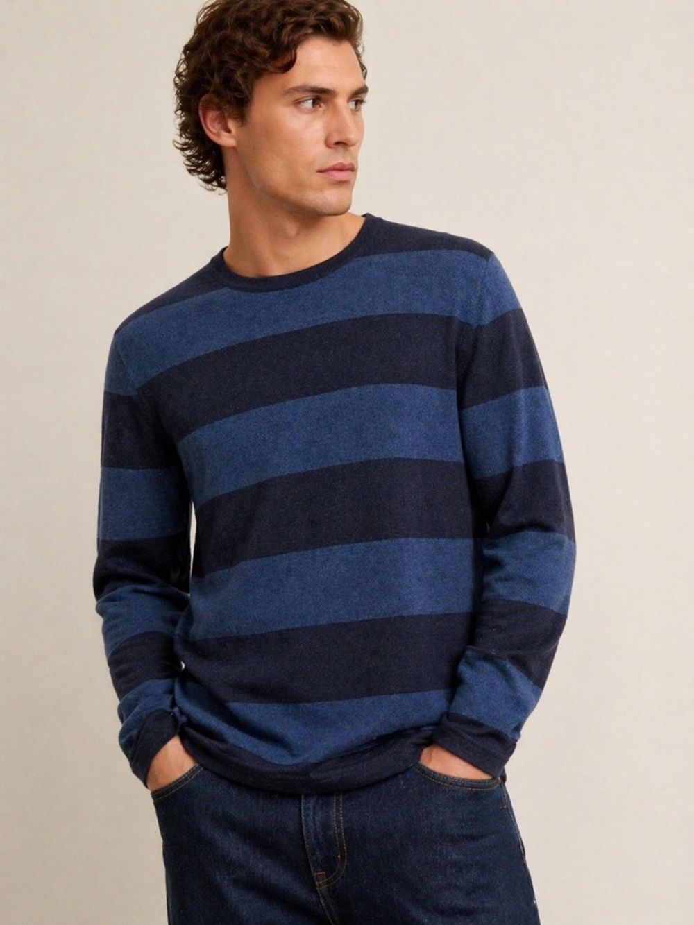 Banana Republic Mens Striped Sweater Italian Wool & Cashmere Blue Crewneck L